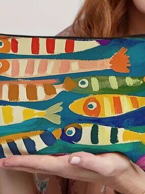 NWOT Adorable Beachy Tropical Fish Print Canvas Pouch Bag Make Up Travel Etc